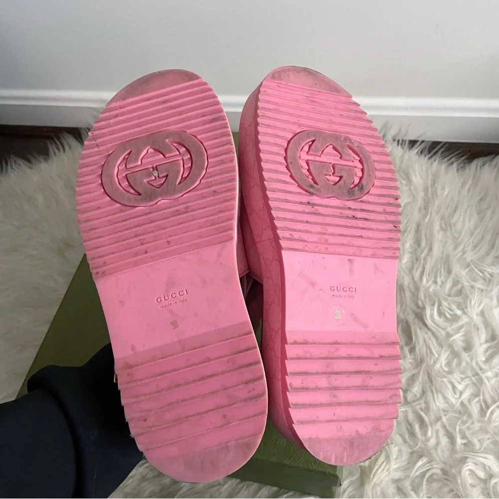 Gucci Angelina Pink GG Supreme Coated Canvas Slingback Platform Sandals 38 - Picture 10 of 16